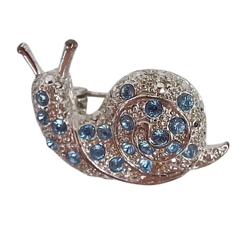 Vintage Blue Rhinestone Snail Brooch Pin 1" Delicate Unique